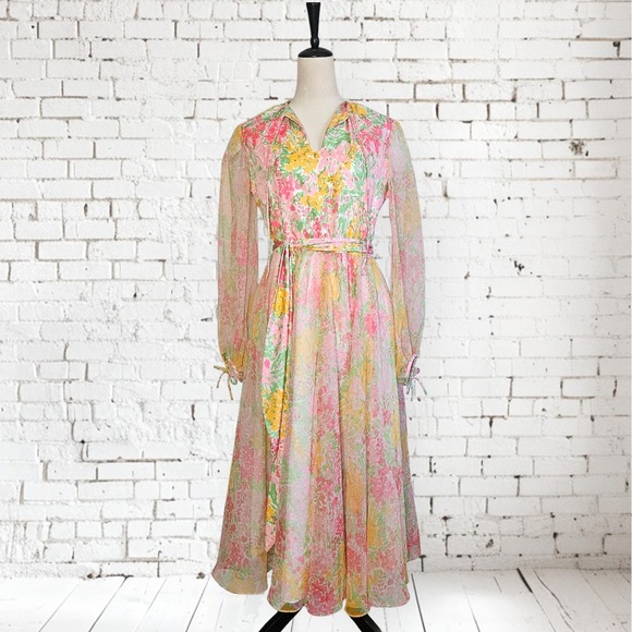 Vintage 70s Frances Brewster Floral Chiffon Dress Belted Boho M - Picture 2 of 8